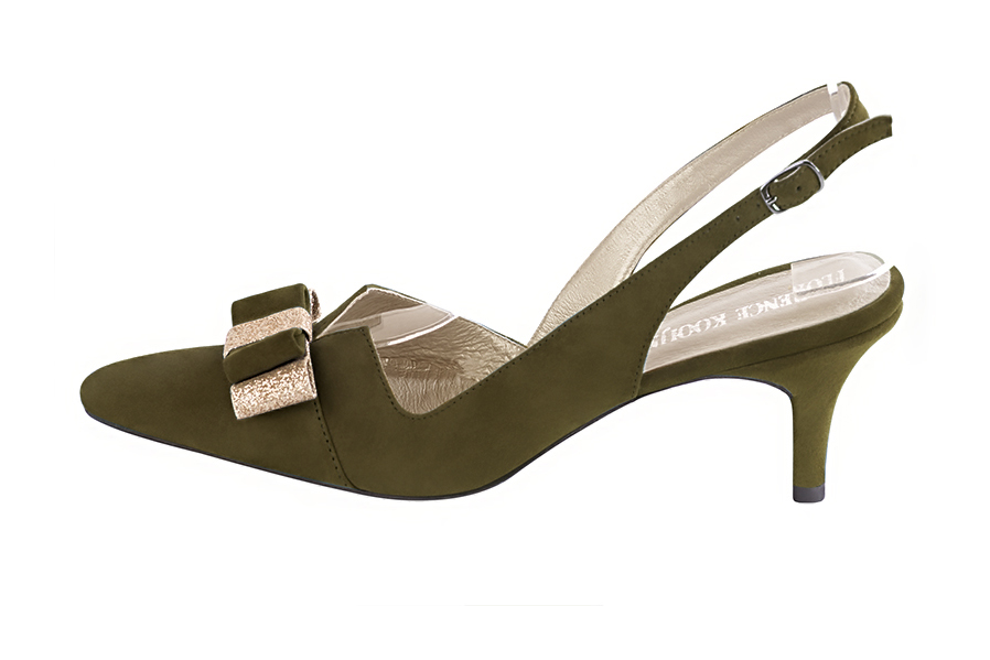 Khaki green and gold elegant slingback heels, with a bow on the front. Tapered toe. Medium slim heel. - Florence KOOIJMAN